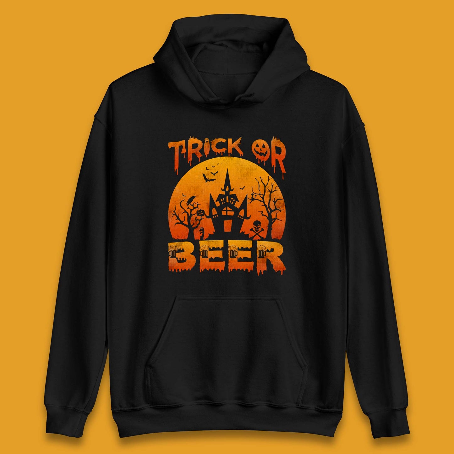 Trick Or Beer Halloween Drinking Beer Lover Horror Haunted House Drinker Halloween Party Unisex Hoodie