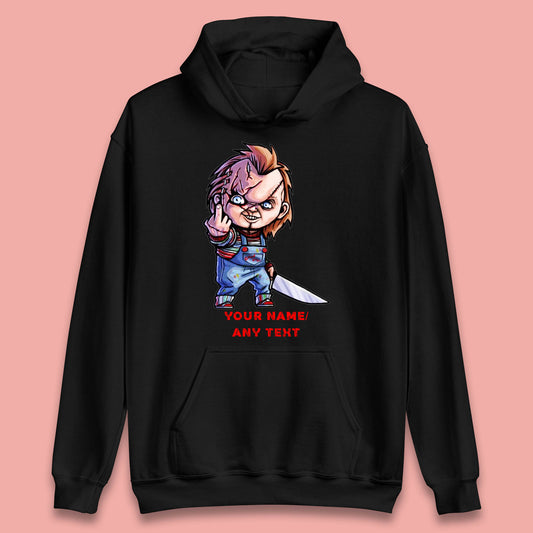 Personalised Chucky With Knife Your Name Or Text Halloween Horror Movie Character Unisex Hoodie