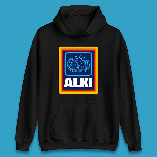 Alki Aldi Drink Pub Beer Joke Funny Parody Novelty Gift Unisex Hoodie