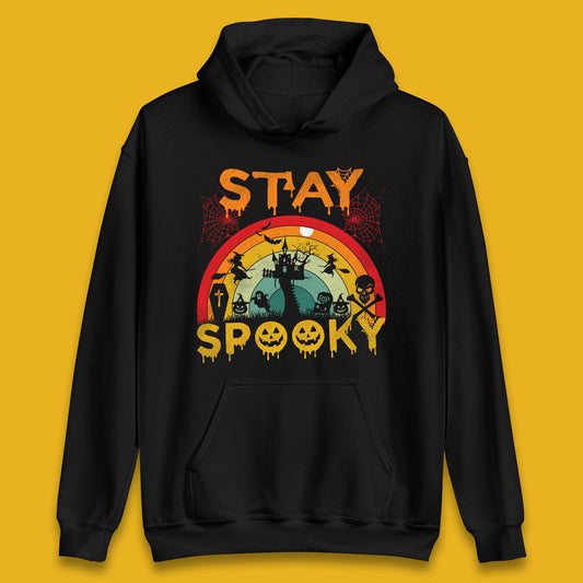 Stay Spooky Vintage Halloween Hunted House Dark Night Full Moon And Flying Bats Unisex Hoodie