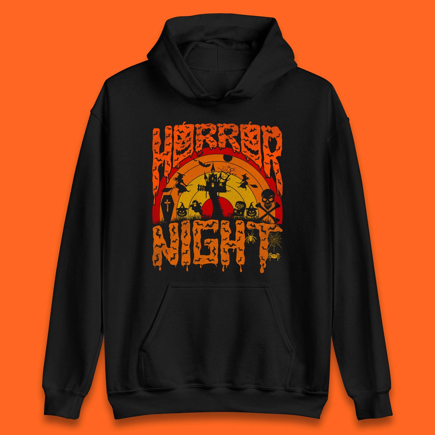 Halloween Horror Night Vintage Rainbow Flying witches Scary Boo Spooky Festive Night Unisex Hoodie