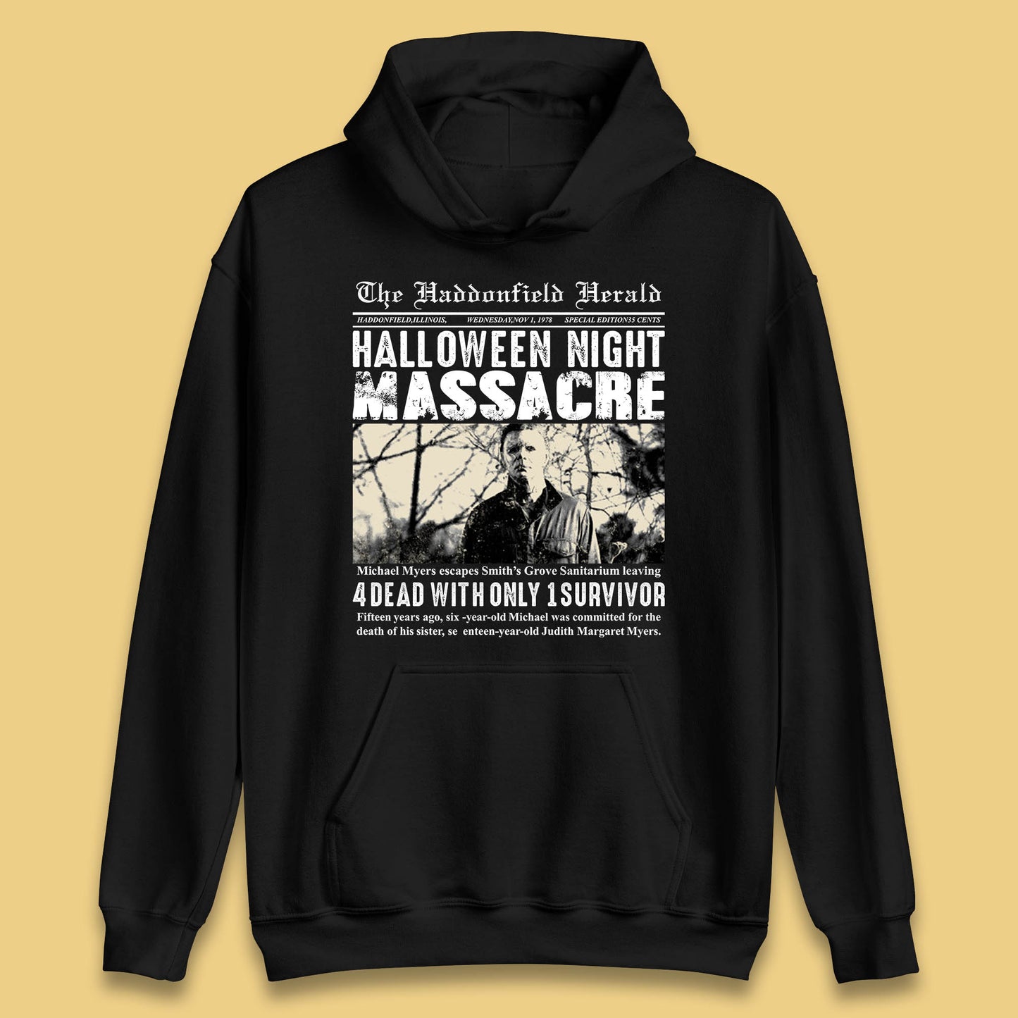 Vintage Halloween Night Massacre 1978 Halloween Newspaper Horror Michael Myers Unisex Hoodie