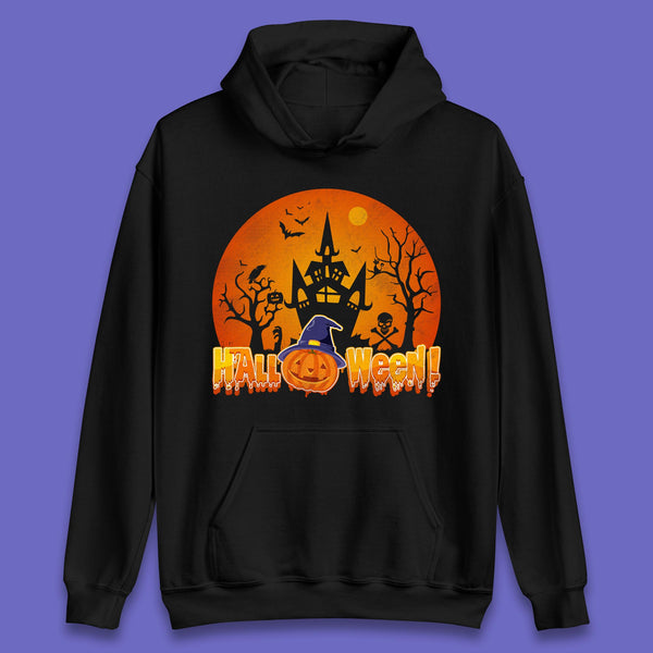Halloween Pumpkin Witch Hat Haunted Castle Flying Bats Skull Bones Scary Dark Night Unisex Hoodie