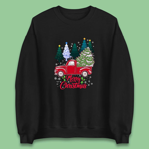 Merry Christmas Red Retro Truck With Christmas Tree Xmas Winter Holidays Decor Unisex Sweatshirt