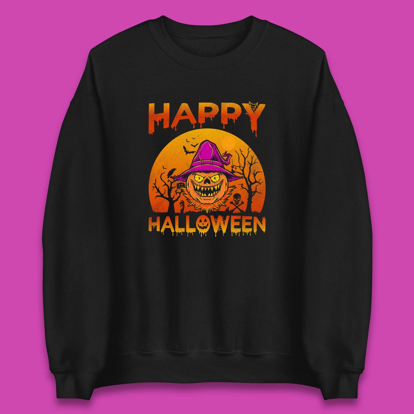 Happy Halloween Monster Pumpkin With Witch Hat Horror Scary Spooky Season Unisex Sweatshirt
