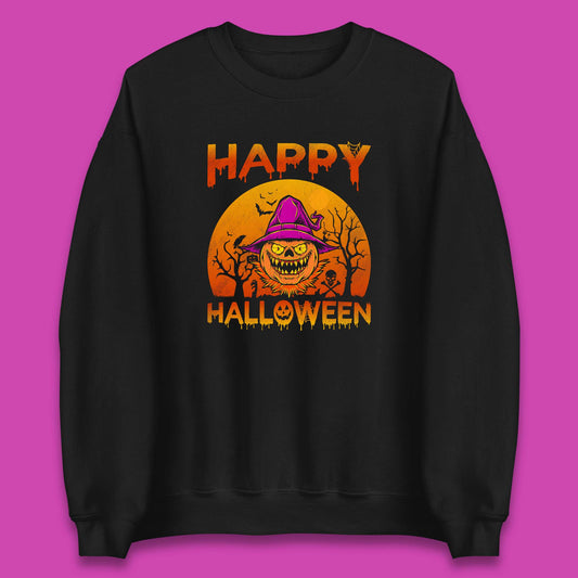 Happy Halloween Monster Pumpkin With Witch Hat Horror Scary Spooky Season Unisex Sweatshirt