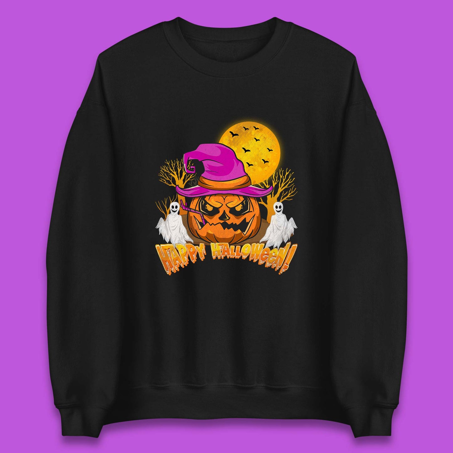 Happy Halloween Pumpkin Witch Hat Jack-o'-lantern With Full Moon Flying Bats Horror Scary Boo Ghost Unisex Sweatshirt
