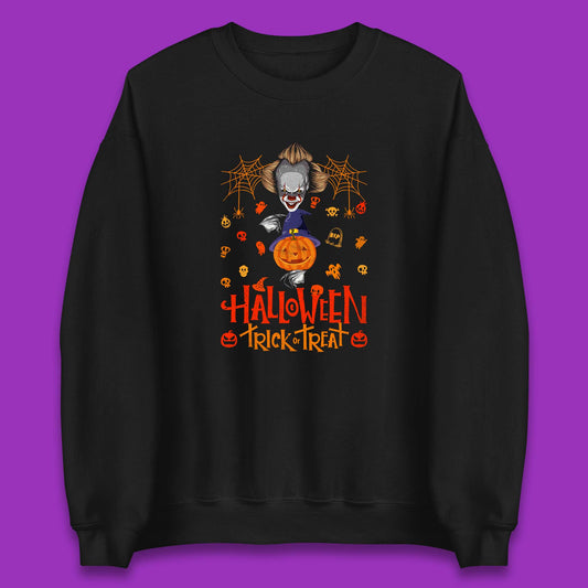 Halloween Trick Or Treat Witch Hat Pumpkin IT Pennywise Clown Horror Scary Movie Fictional Character Unisex Sweatshirt