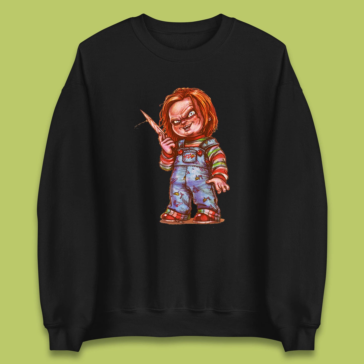 The Horror Movie Character Chucky With Knife Serial Killer Halloween Horror Movie Inspired Chucky Unisex Sweatshirt