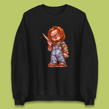 The Horror Movie Character Chucky With Knife Serial Killer Halloween Horror Movie Inspired Chucky Unisex Sweatshirt