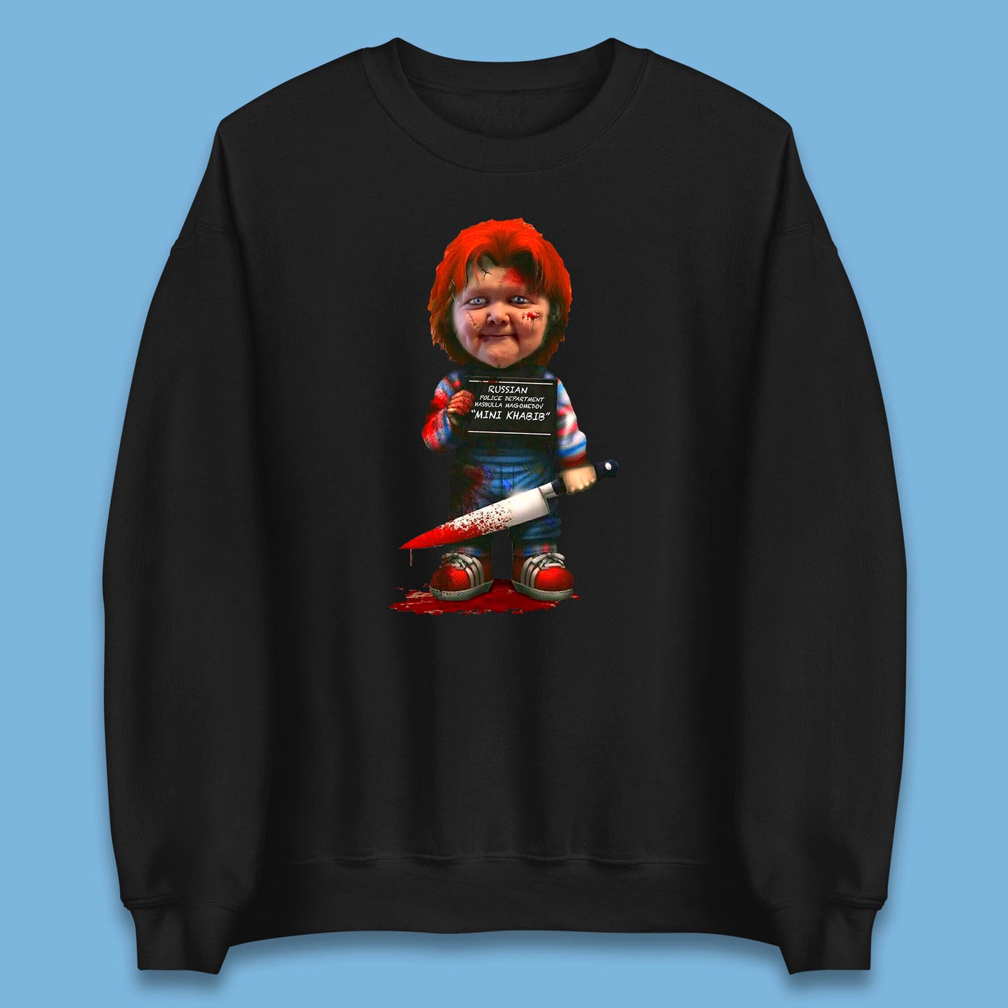 Chucky Mug Shot Russian Police Dept Hasbulla Magomedov Chucky Mini Khabib Inspired Halloween Horror Movie Good Guy Chucky Unisex Sweatshirt