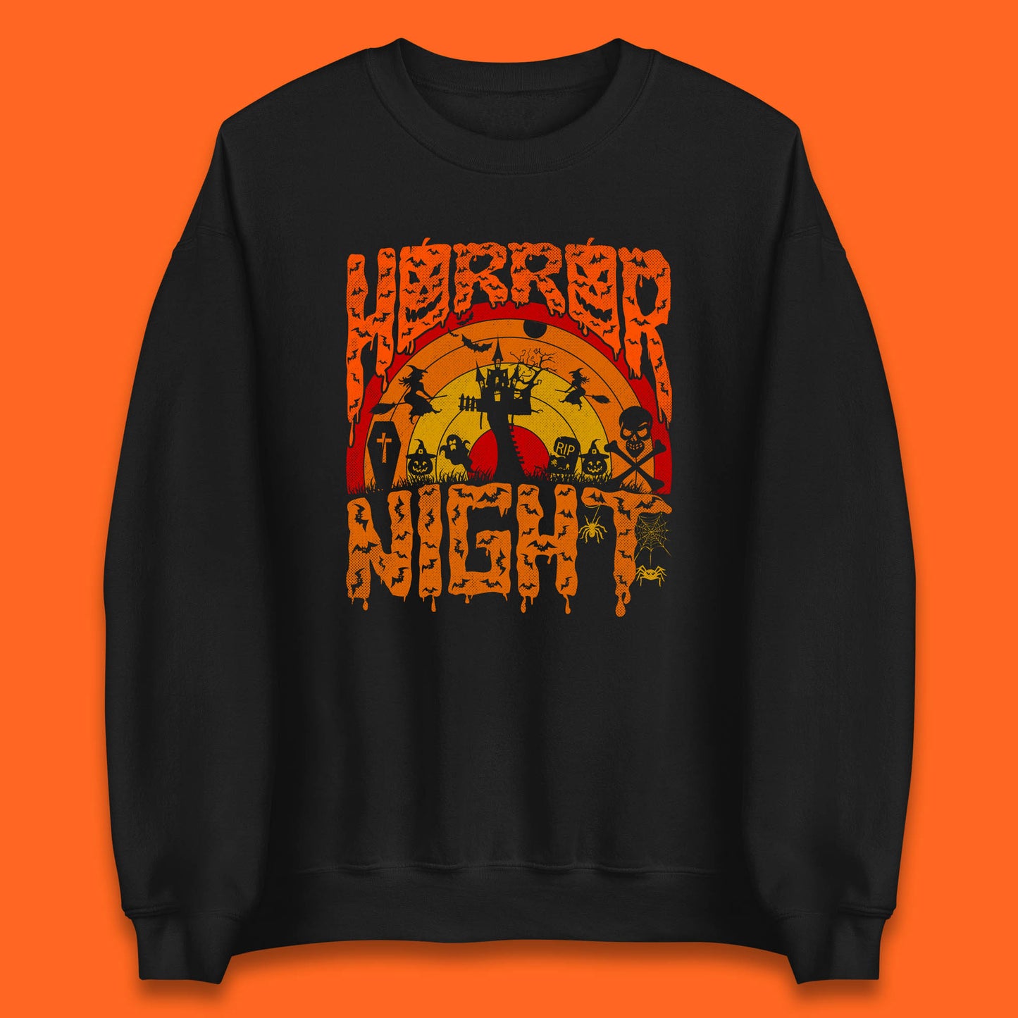Halloween Horror Night Vintage Rainbow Flying witches Scary Boo Spooky Festive Night Unisex Sweatshirt