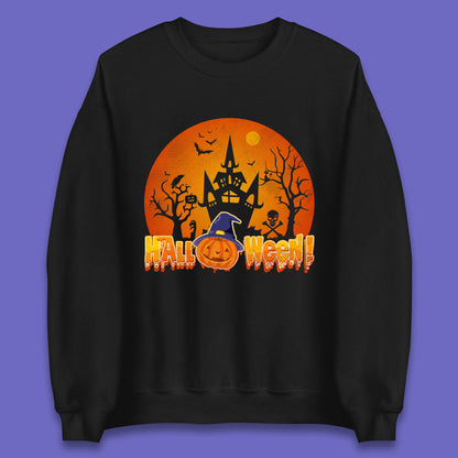 Halloween Pumpkin Witch Hat Haunted Castle Flying Bats Skull Bones Scary Dark Night Unisex Sweatshirt