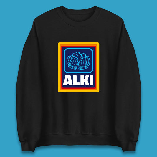 Alki Aldi Drink Pub Beer Joke Funny Parody Novelty Gift Unisex Sweatshirt