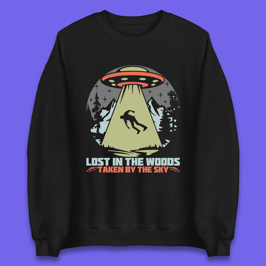 Lost In The Woods Taken By Sky Bigfoot Funny Sasquatch Getting Abducted By Aliens Camping Unisex Sweatshirt