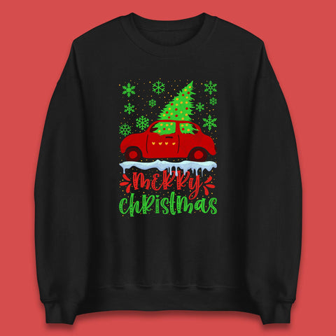 Merry Christmas Red Car With A Christmas Tree Xmas Snow Unisex Sweatshirt