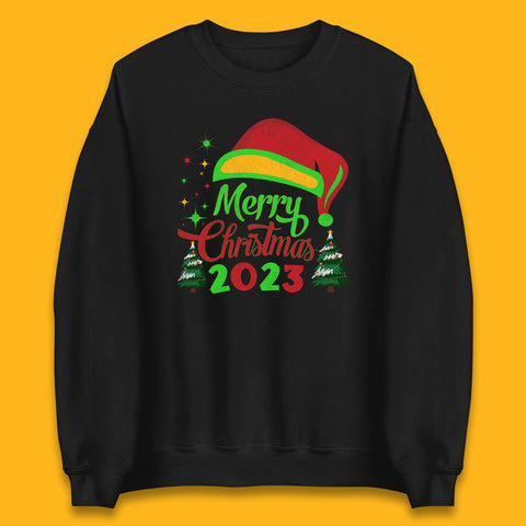 Merry Christmas 2023 Elf Hat Christmas Trees Xmas Gift Unisex Sweatshirt