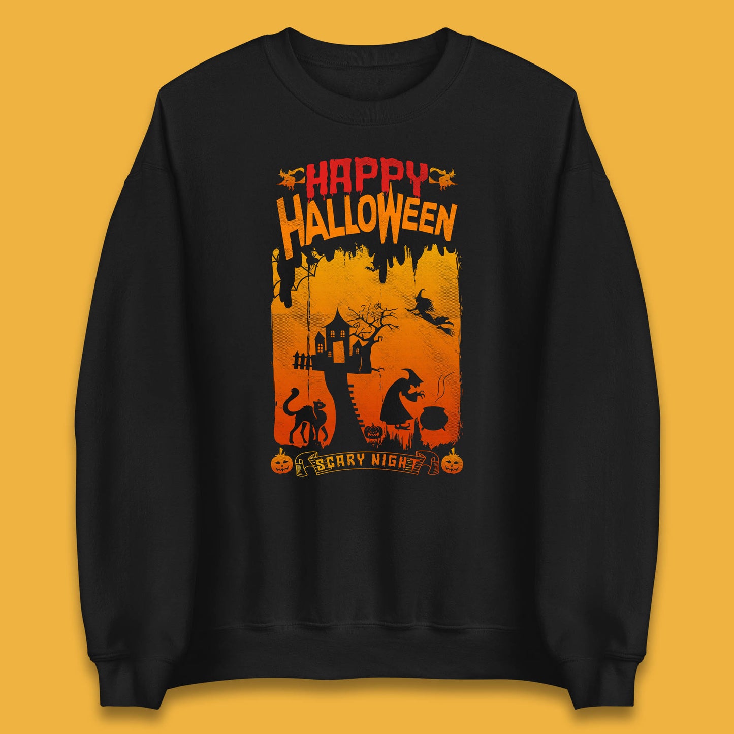 Happy Halloween Horror Hunted House Flying Witch Scary Spooky Night Unisex Sweatshirt