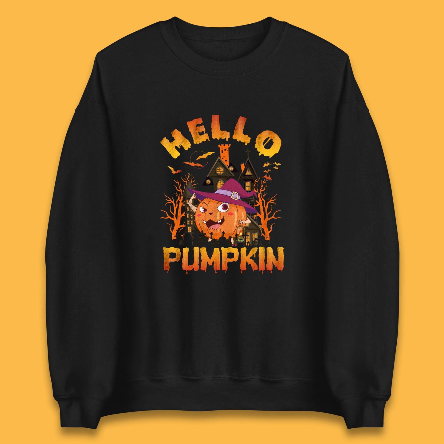 Hello Pumpkin Cartoon Halloween Pumpkin With Witch Hat Devil Smile Haunted Castle Unisex Sweatshirt