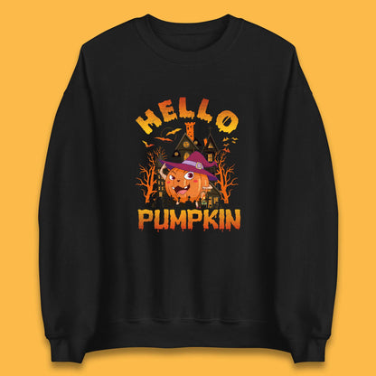 Hello Pumpkin Cartoon Halloween Pumpkin With Witch Hat Devil Smile Haunted Castle Unisex Sweatshirt