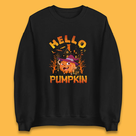 Hello Pumpkin Cartoon Halloween Pumpkin With Witch Hat Devil Smile Haunted Castle Unisex Sweatshirt