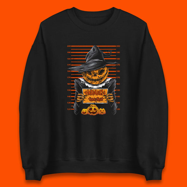Halloween Trick Or Treat Scarecrow Mugshot Pumpkin Head Witch Hat Horror Scary Unisex Sweatshirt