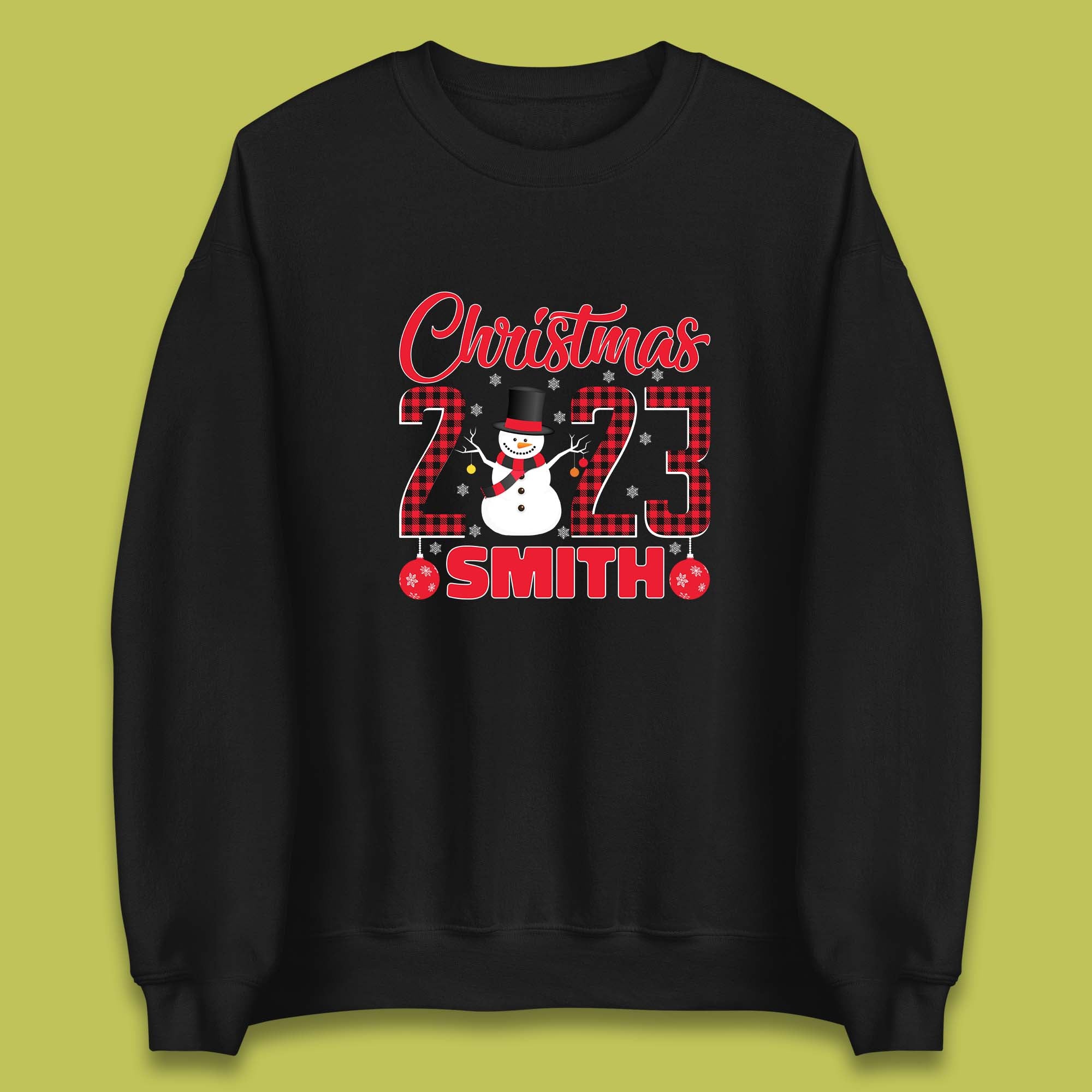 Personalised Christmas 2023 Your Name Snowman Buffalo Plaid Xmas Unisex Sweatshirt