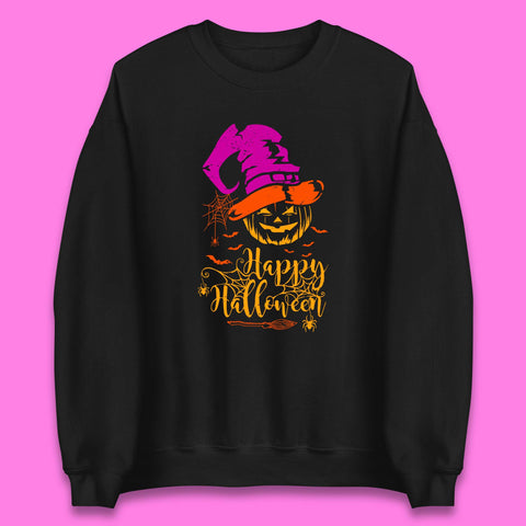 Happy Halloween Witch Hat Pumpkin Horror Scary Jack-o-lantern Flying Bats Unisex Sweatshirt