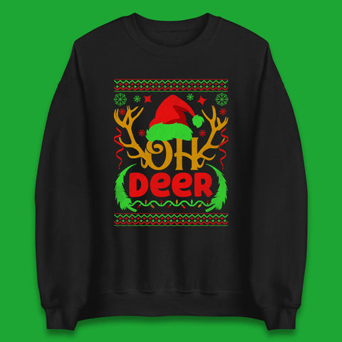 Oh Deer Merry Christmas Santa Hat Deer Antlers Funny Xmas Unisex Sweatshirt
