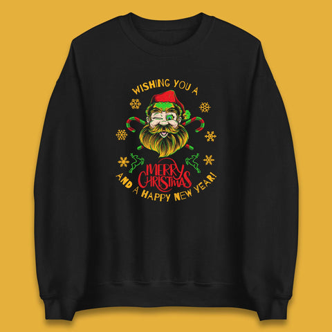 Wishing You A Merry Christmas And A Happy New Year Santa Claus Eye Winking Xmas Unisex Sweatshirt