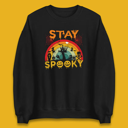 Stay Spooky Vintage Halloween Hunted House Dark Night Full Moon And Flying Bats Unisex Sweatshirt