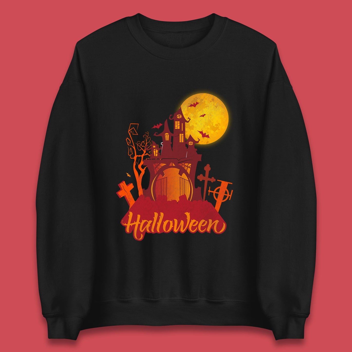 Halloween Lettering With Full Moon Scary Haunted House Flying Bats Horror Graveyard Unisex Sweatshirt