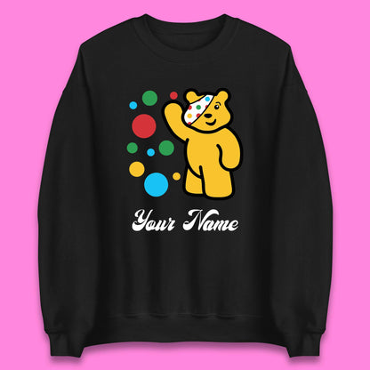 Personalised Spotty Pudsey Bear Hand Waving Dotty Spot Your Name Fundraising Spotty Bear Spotty Day Unisex Sweatshirt