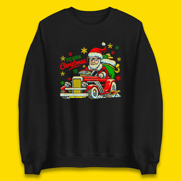 Merry Christmas Santa Claus Drives A Hot Rod Car Xmas Vintage Car Unisex Sweatshirt