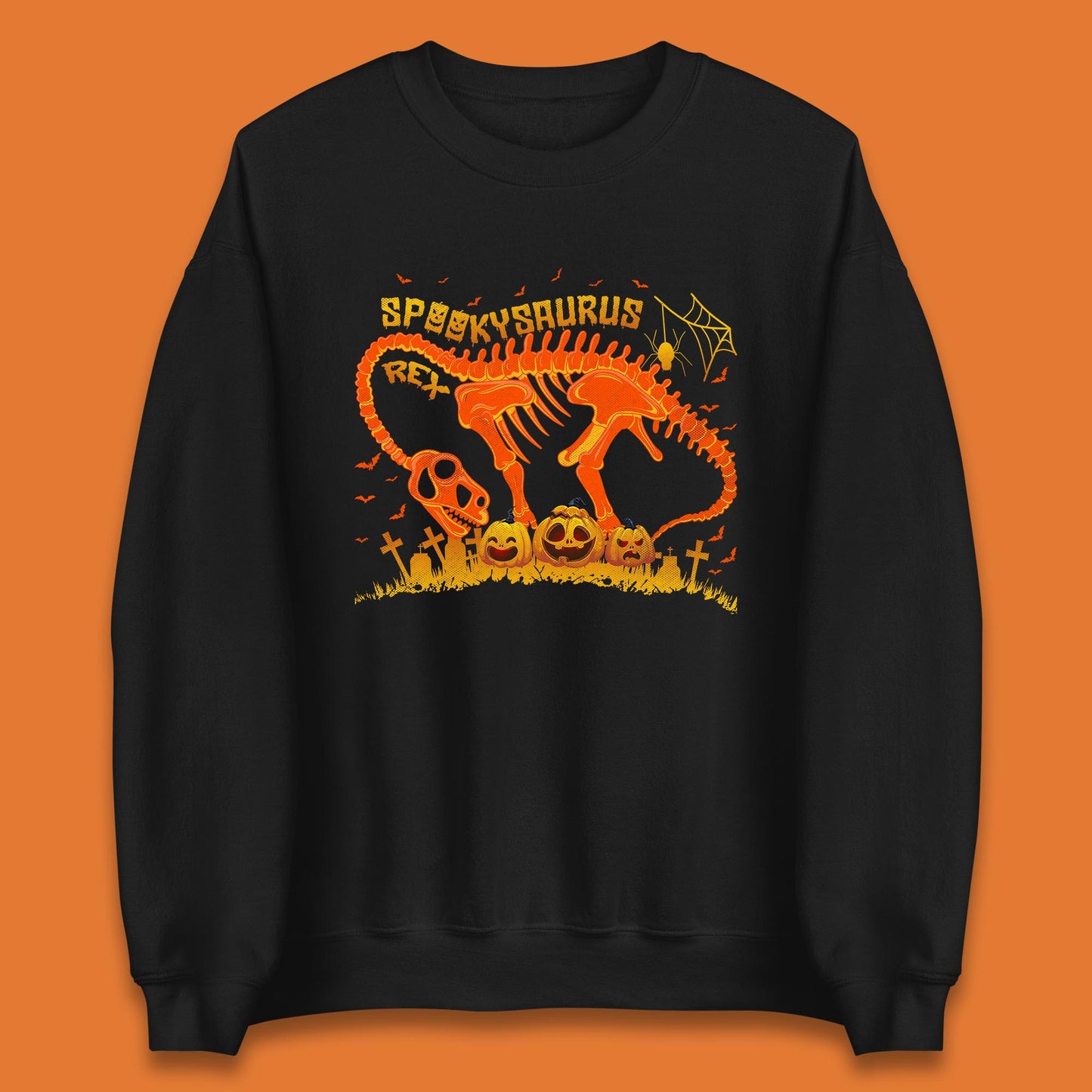 Spooky Saurus Rex Halloween Dinosaur T-Rex Skeleton With Scary Pumpkins Unisex Sweatshirt