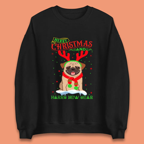 Merry Christmas And Happy New Year Pug Dog Wearing Red Scarf And Antlers Xmas Dog Lovers Unisex Sweatshirt
