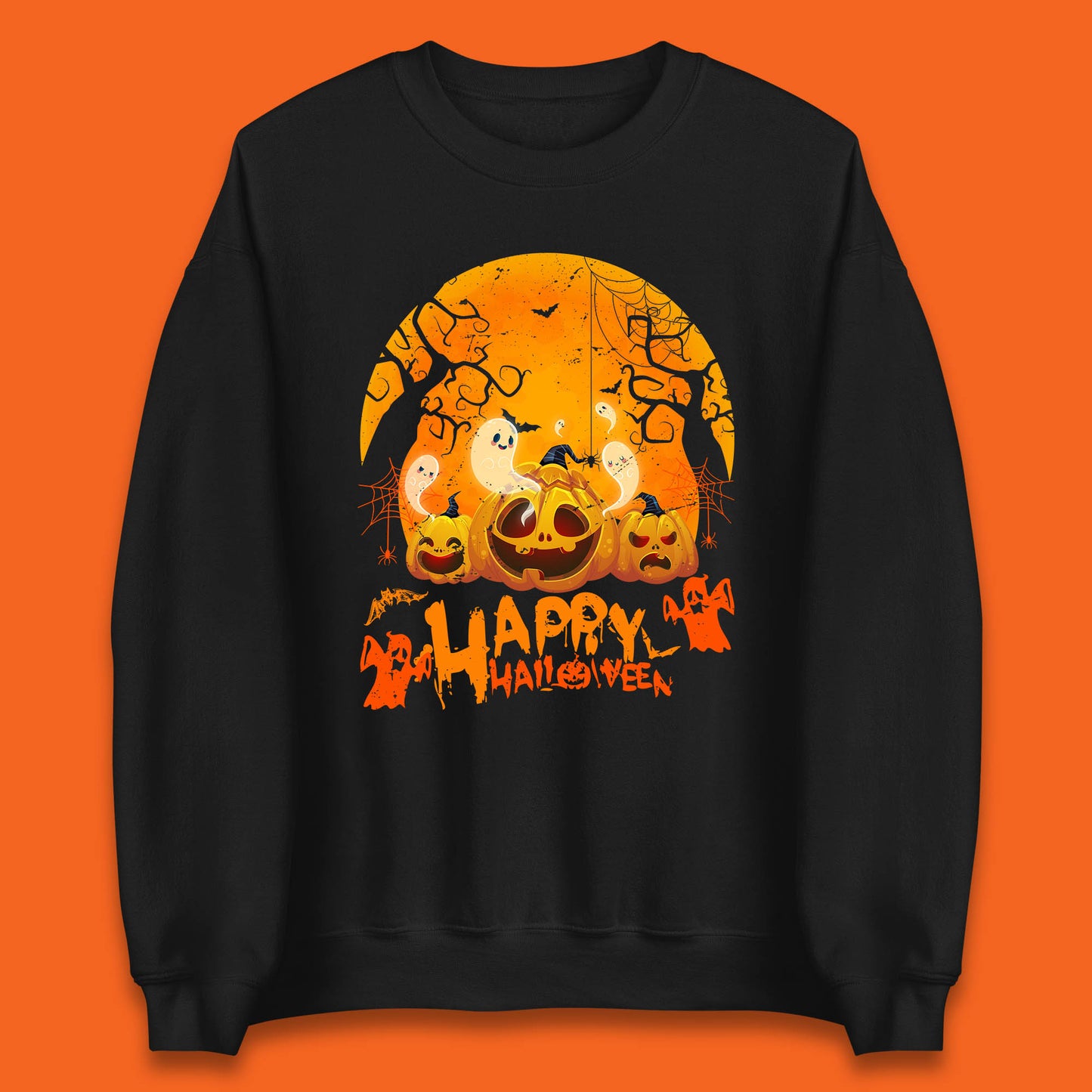 Happy Halloween Jack O Lantern Pumpkins Scary Boo Ghost Haunted Trees Unisex Sweatshirt