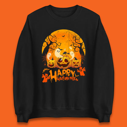 Happy Halloween Jack O Lantern Pumpkins Scary Boo Ghost Haunted Trees Unisex Sweatshirt