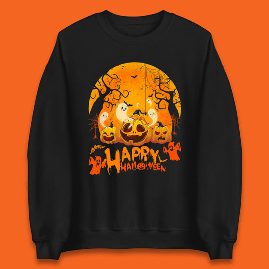 Happy Halloween Jack O Lantern Pumpkins Scary Boo Ghost Haunted Trees Unisex Sweatshirt