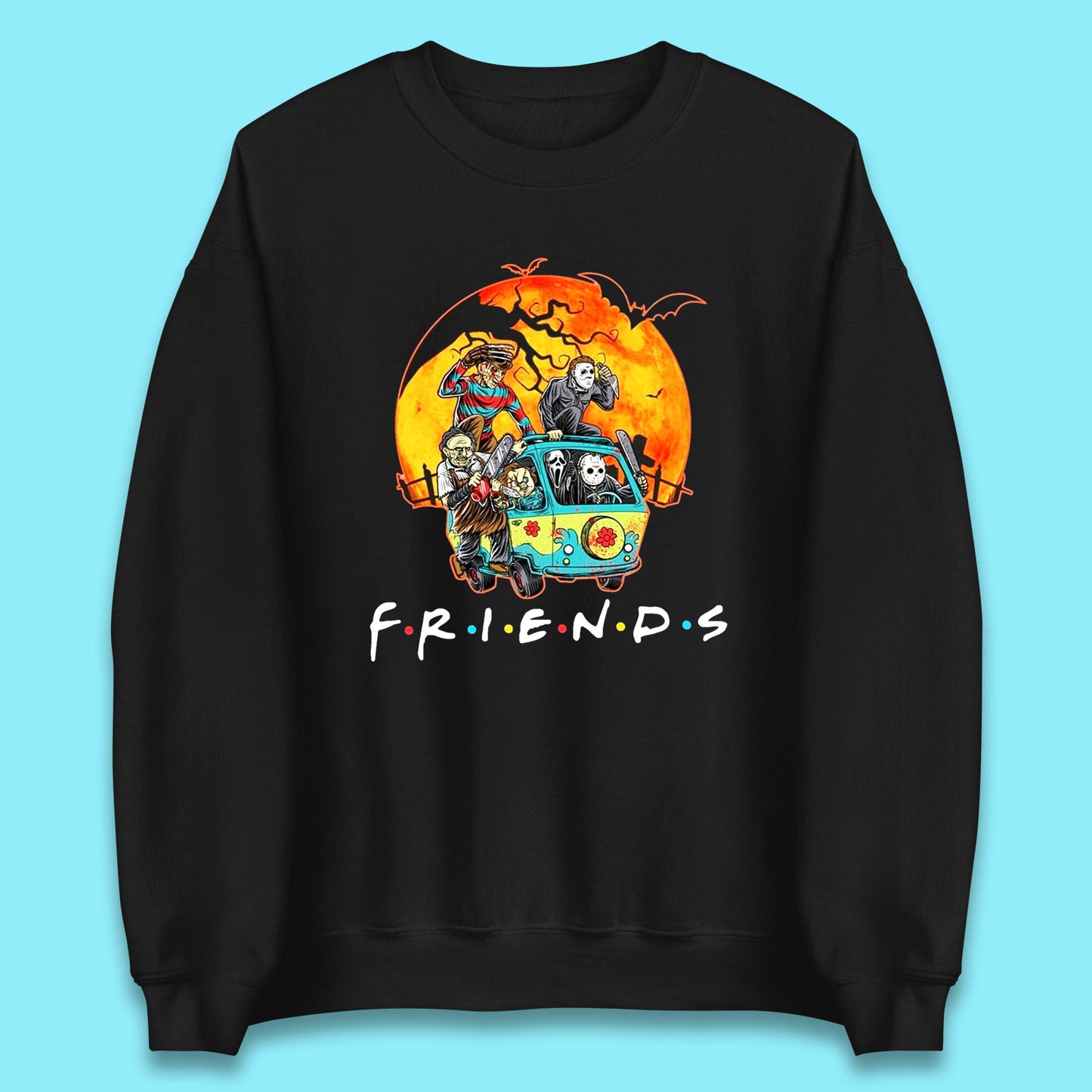 Friends Van Halloween Scooby Doo Mystery Machine Horror Movie Villians Characters Unisex Sweatshirt