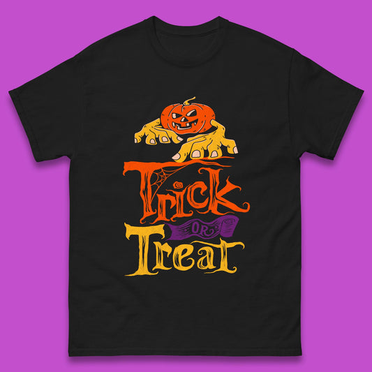 Halloween Trick Or Treat Horror Scary Evil Pumpkin With Zombie Hands Mens Tee Top