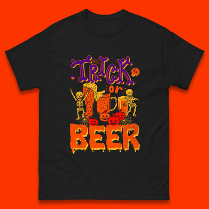 Trick Or Beer Halloween Drinking Beer Lover Dancing Skeleton Drinker Halloween Party Mens Tee Top