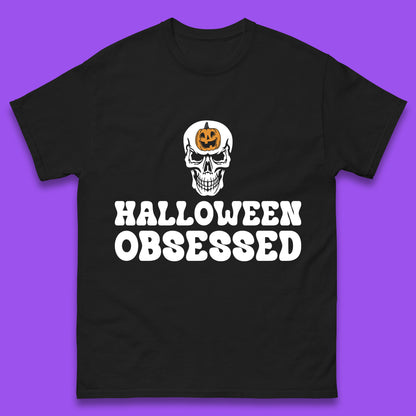Skull Pumpkin Halloween Obsessed Funny Pumpkin Obsessed Party Spooky Season Mens Tee Top