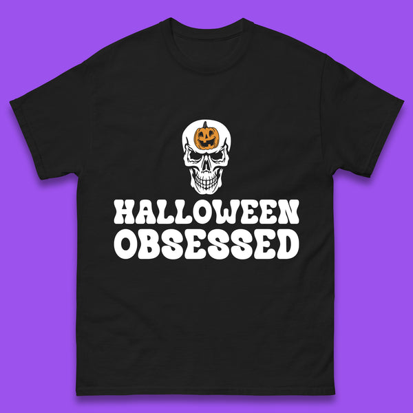 Skull Pumpkin Halloween Obsessed Funny Pumpkin Obsessed Party Spooky Season Mens Tee Top