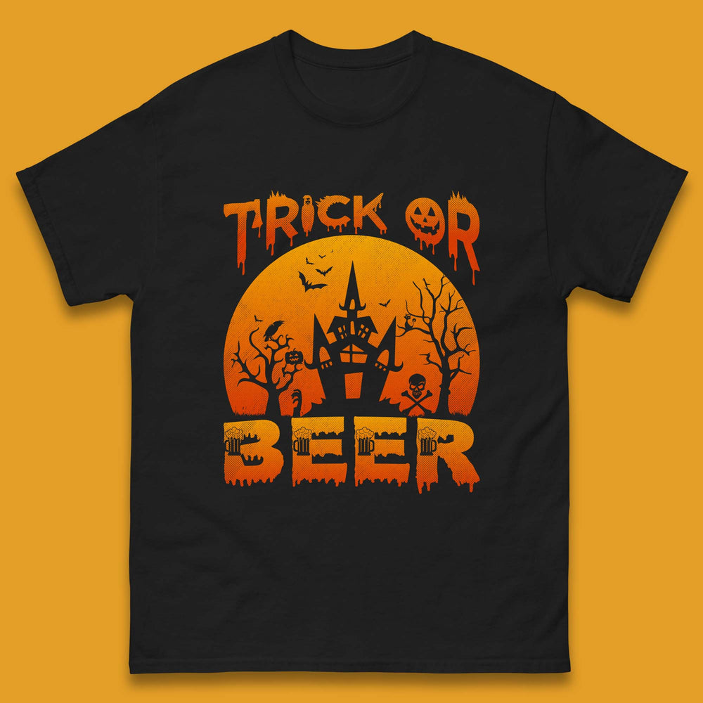 Trick Or Beer Halloween Drinking Beer Lover Horror Haunted House Drinker Halloween Party Mens Tee Top
