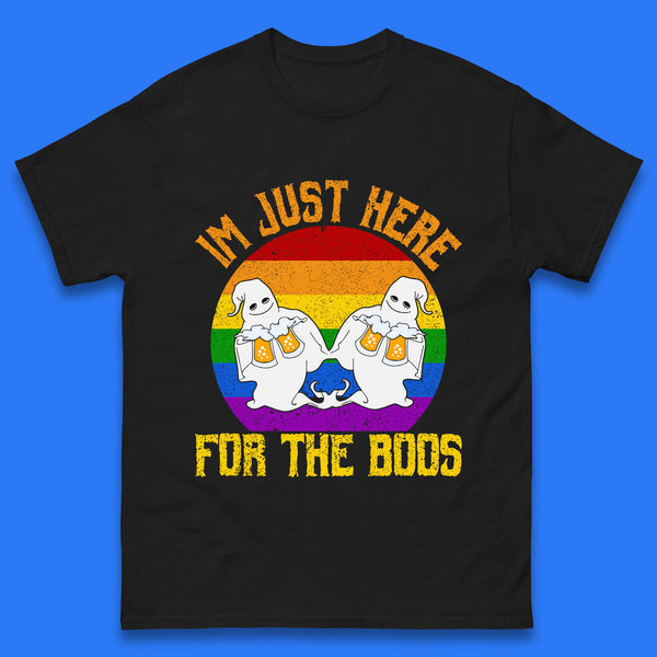 Halloween I Just Here For The Boos Gay Boo Ghosts Drinking Beer LGBTQ Pride Beer Mens Tee Top