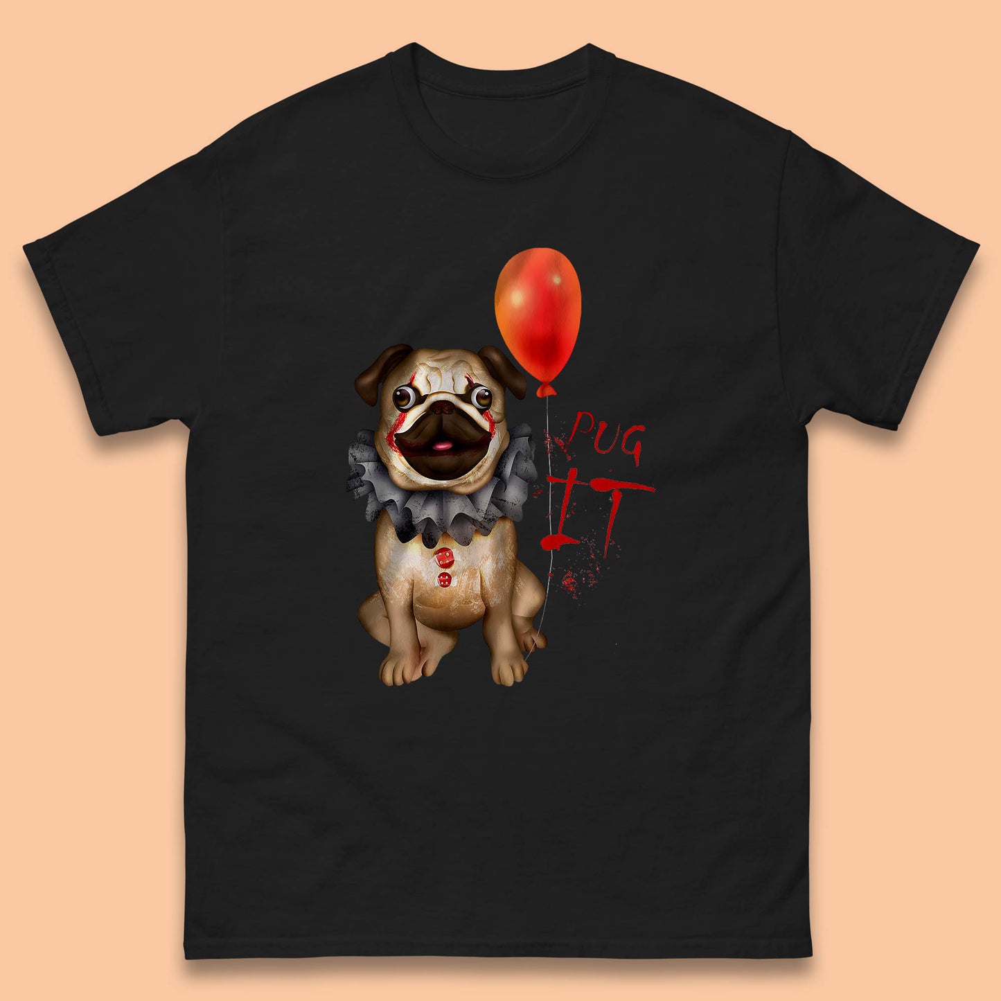 Pug IT Pennywise Clown Dog Spoof Halloween Pug Dog Costume Horror Movie Serial Killer Mens Tee Top