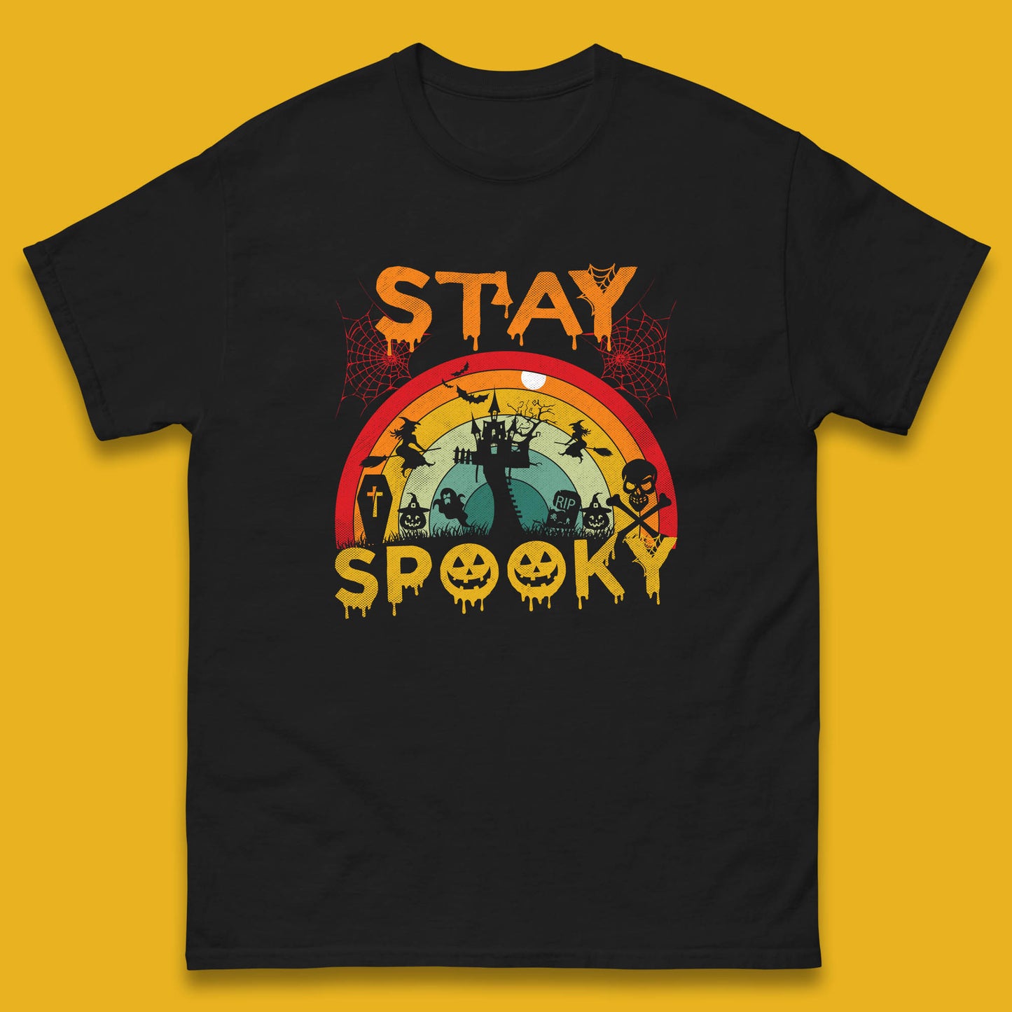Stay Spooky Vintage Halloween Hunted House Dark Night Full Moon And Flying Bats Mens Tee Top