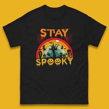 Stay Spooky Vintage Halloween Hunted House Dark Night Full Moon And Flying Bats Mens Tee Top