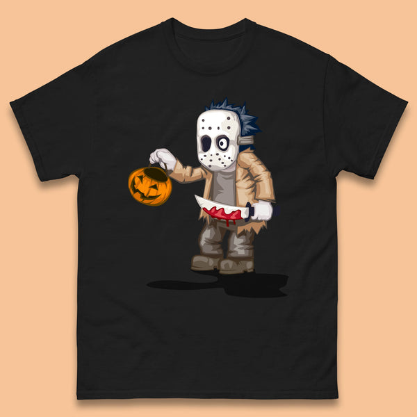 Chibi Jason Voorhees Holding Bloody Knife And Pumpkin Bucket Halloween Friday The 13th Horror Movie Mens Tee Top